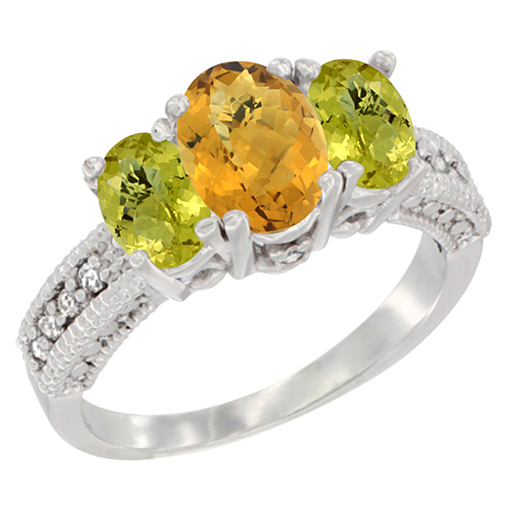 14K White Gold Diamond Natural Whisky Quartz Ring Oval 3-stone with Lemon Quartz, sizes 5 - 10