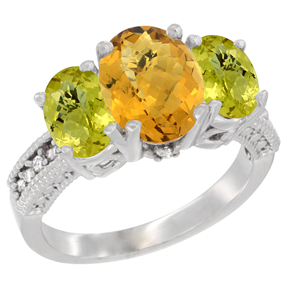 14K White Gold Diamond Natural Whisky Quartz Ring 3-Stone Oval 8x6mm with Lemon Quartz, sizes5-10