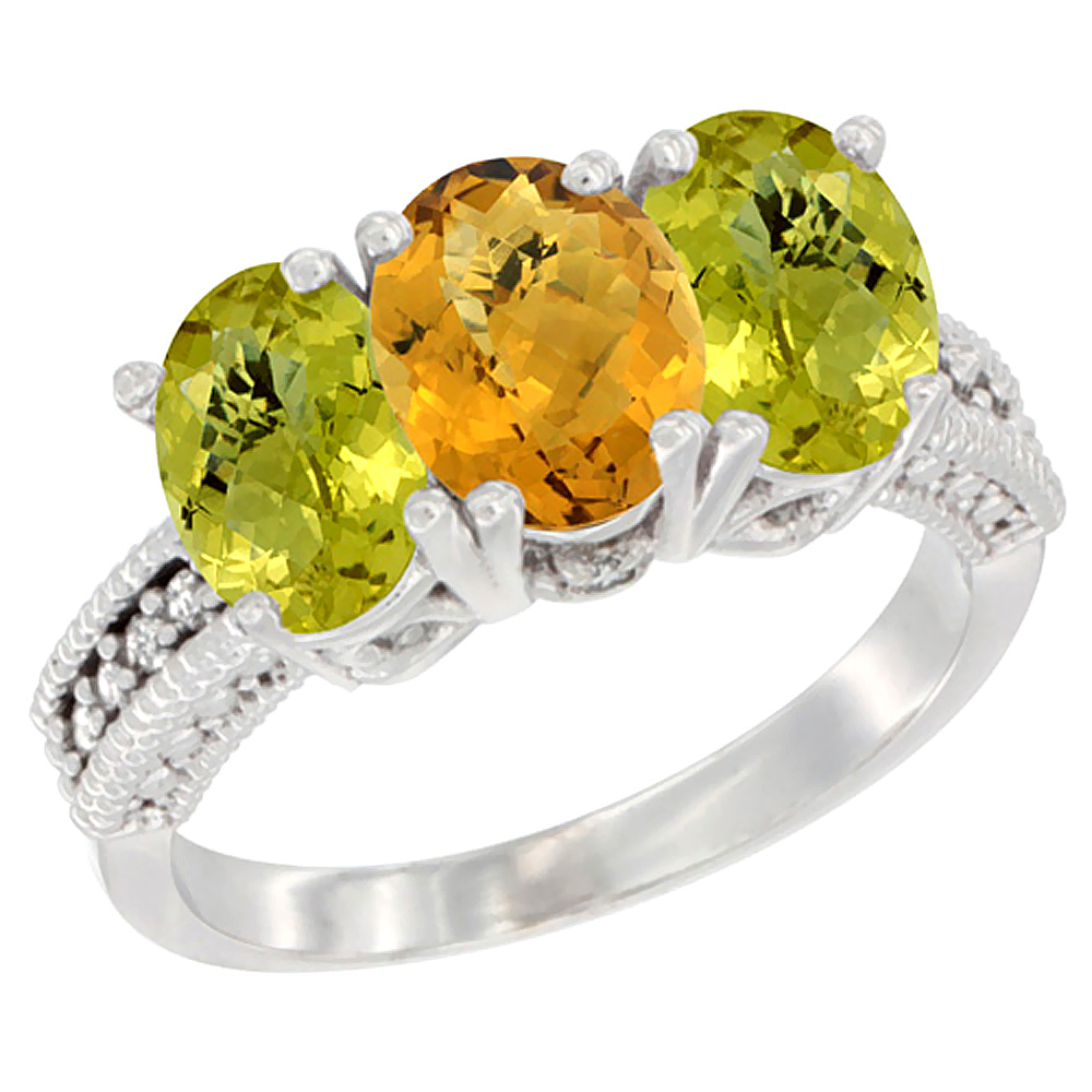 14K White Gold Natural Whisky Quartz Ring with Lemon Quartz 3-Stone 7x5 mm Oval Diamond Accent, sizes 5 - 10