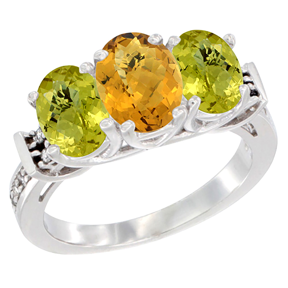 14K White Gold Natural Whisky Quartz & Lemon Quartz Sides Ring 3-Stone Oval Diamond Accent, sizes 5 - 10