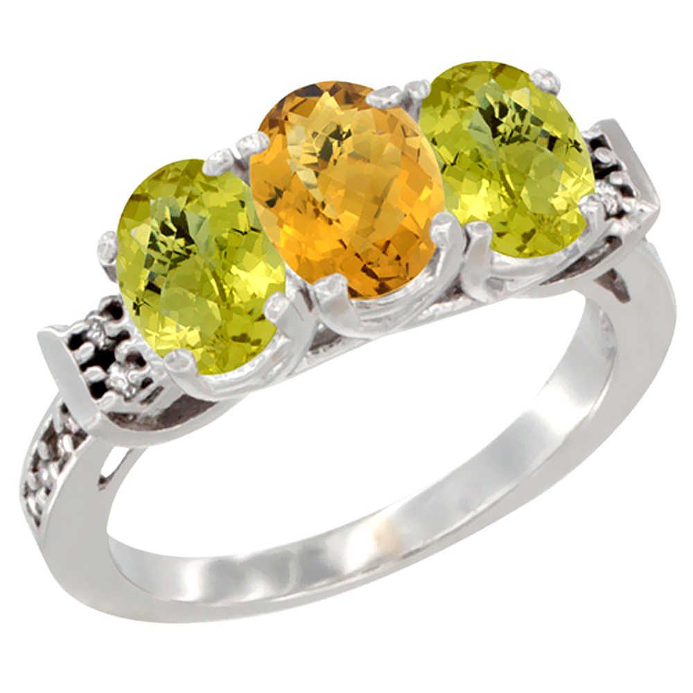 14K White Gold Natural Whisky Quartz & Lemon Quartz Ring 3-Stone 7x5 mm Oval Diamond Accent, sizes 5 - 10