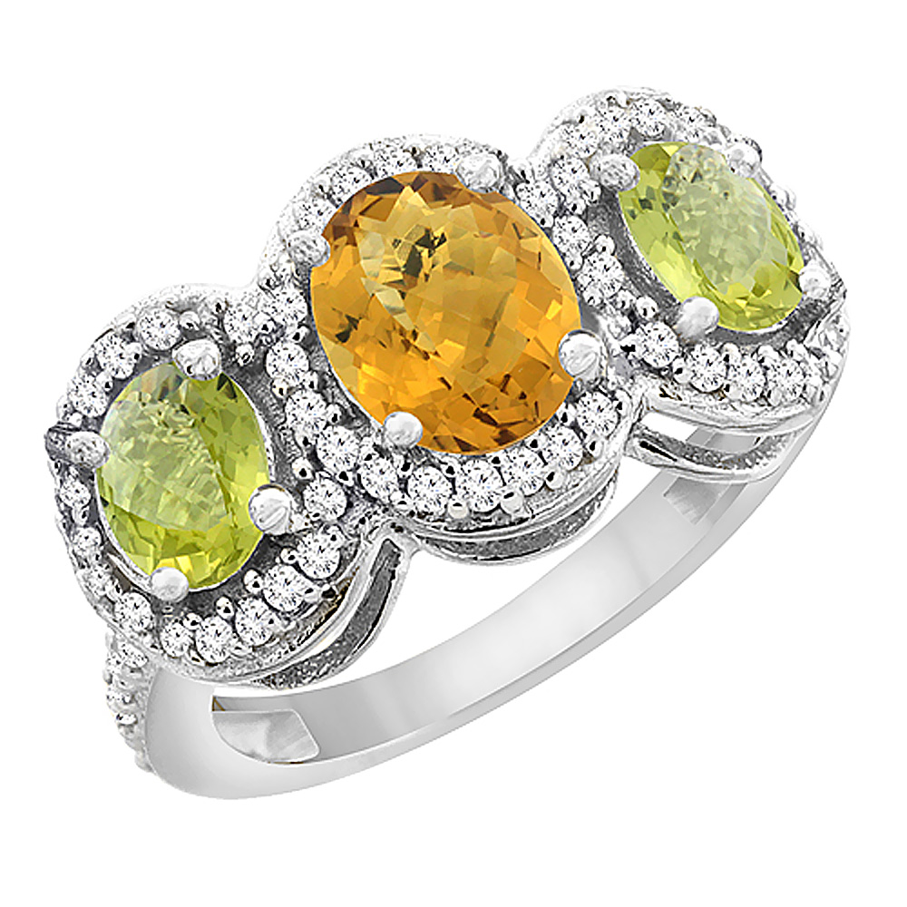 14K White Gold Natural Whisky Quartz & Lemon Quartz 3-Stone Ring Oval Diamond Accent, sizes 5 - 10