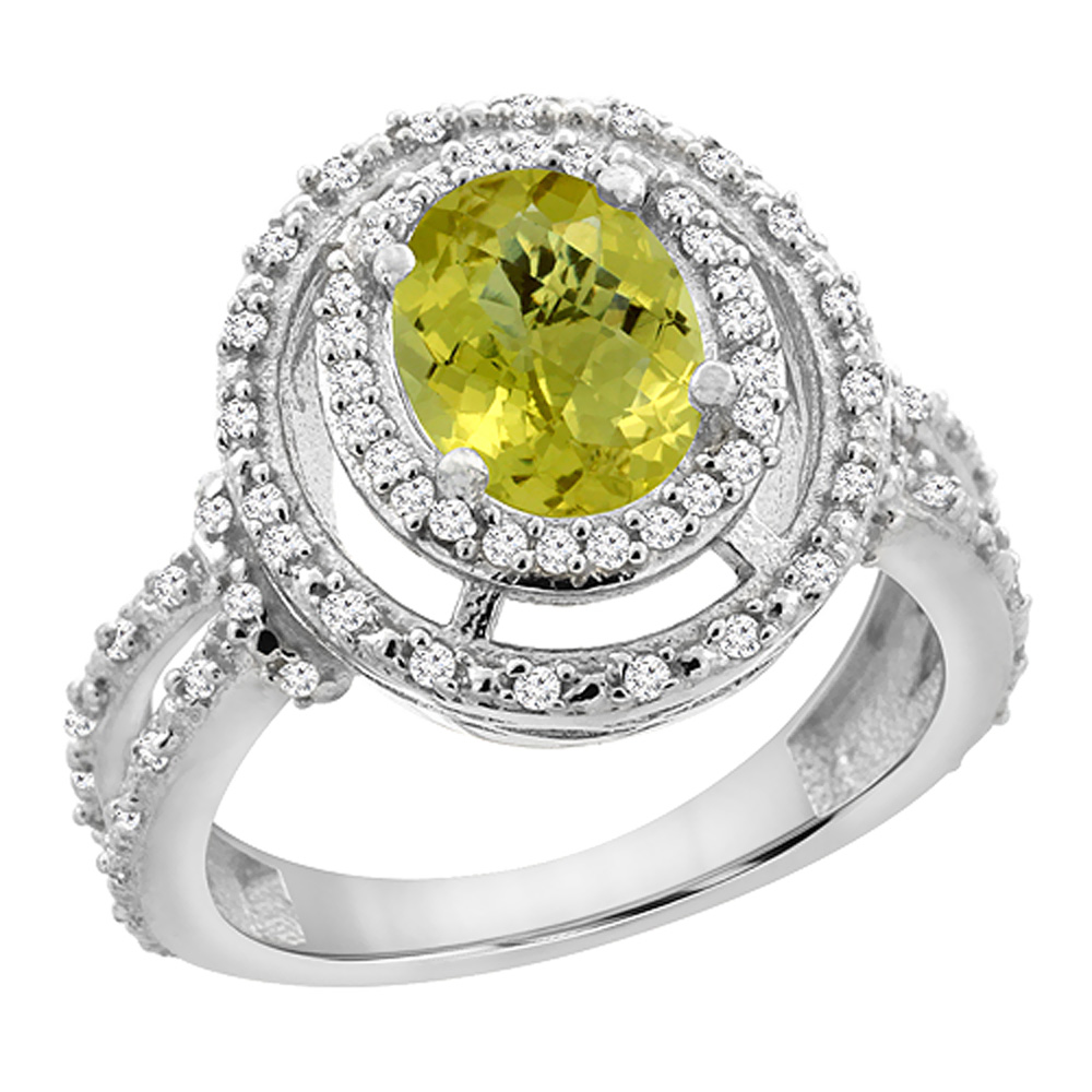 14K White Gold Natural Lemon Quartz Ring Oval 8x6 mm Double Halo Diamond, sizes 5 - 10