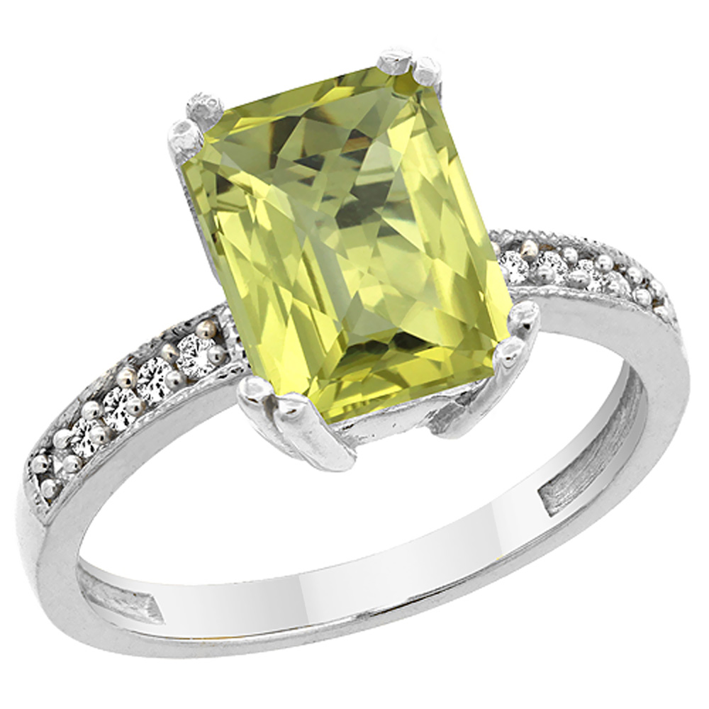 14K White Gold Natural Lemon Quartz Ring Octagon 10x8mm Diamond Accent, sizes 5 to 10