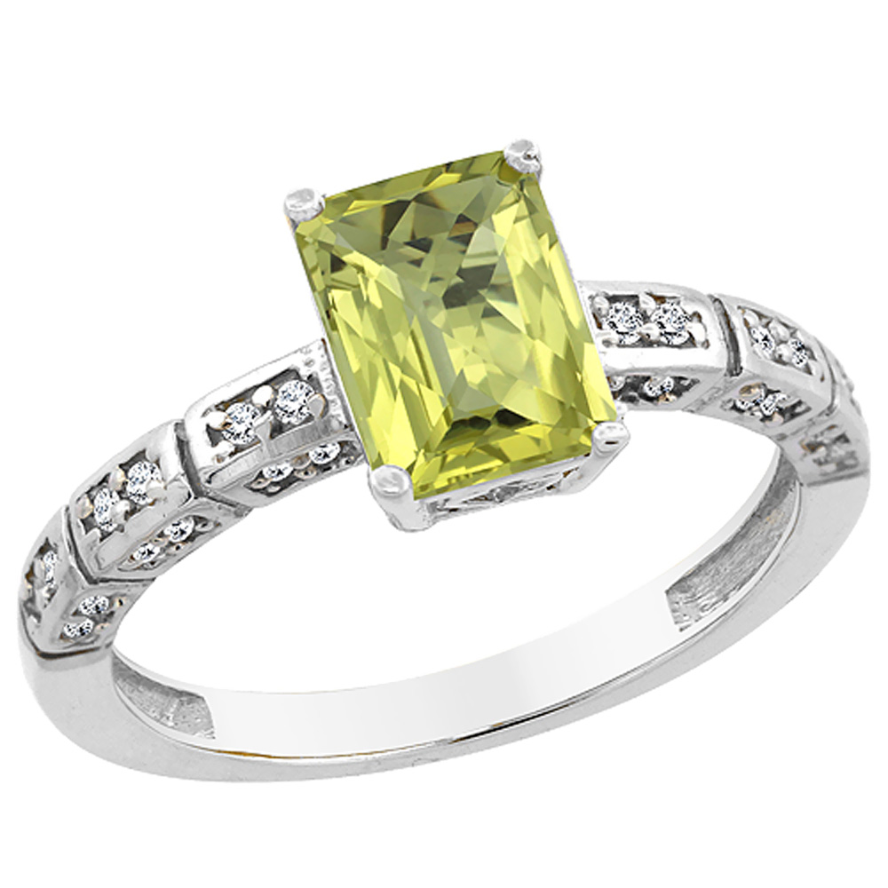 14K White Gold Natural Lemon Quartz Octagon 8x6 mm with Diamond Accents, sizes 5 - 10