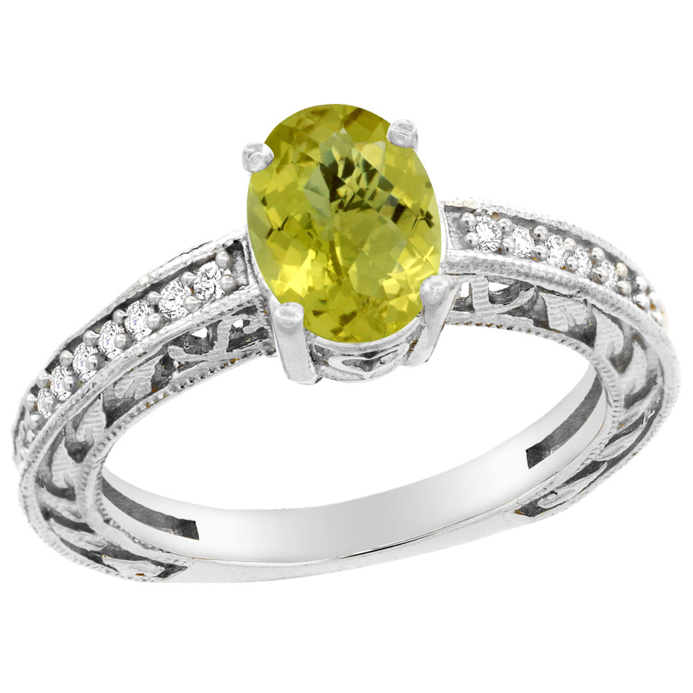 10K Gold Natural Lemon Quartz Ring Oval 8x6 mm Diamond Accents, sizes 5 - 10