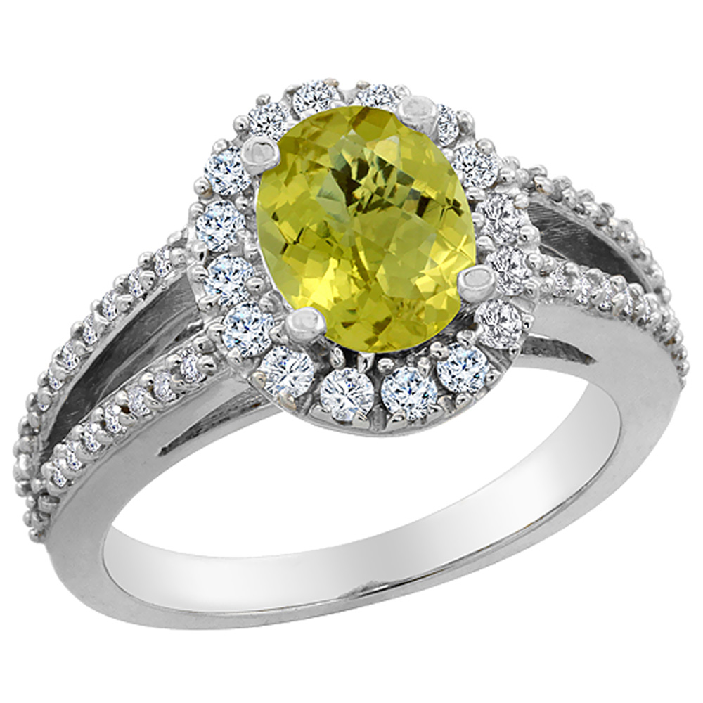 10K White Gold Natural Lemon Quartz Halo Ring Oval 8x6 mm with Diamond Accents, sizes 5 - 10