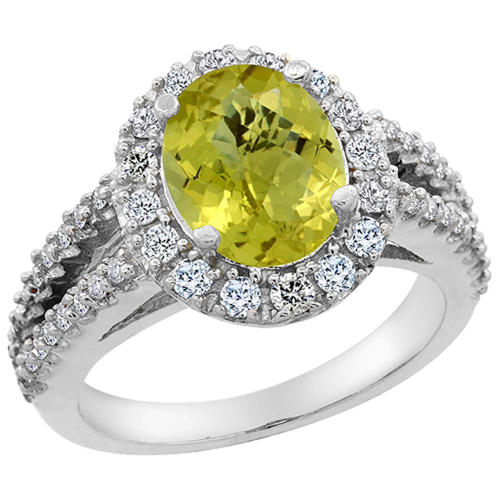 14K White Gold Diamond Natural Lemon Quartz Engagement Ring Oval 10x8mm, sizes 5-10