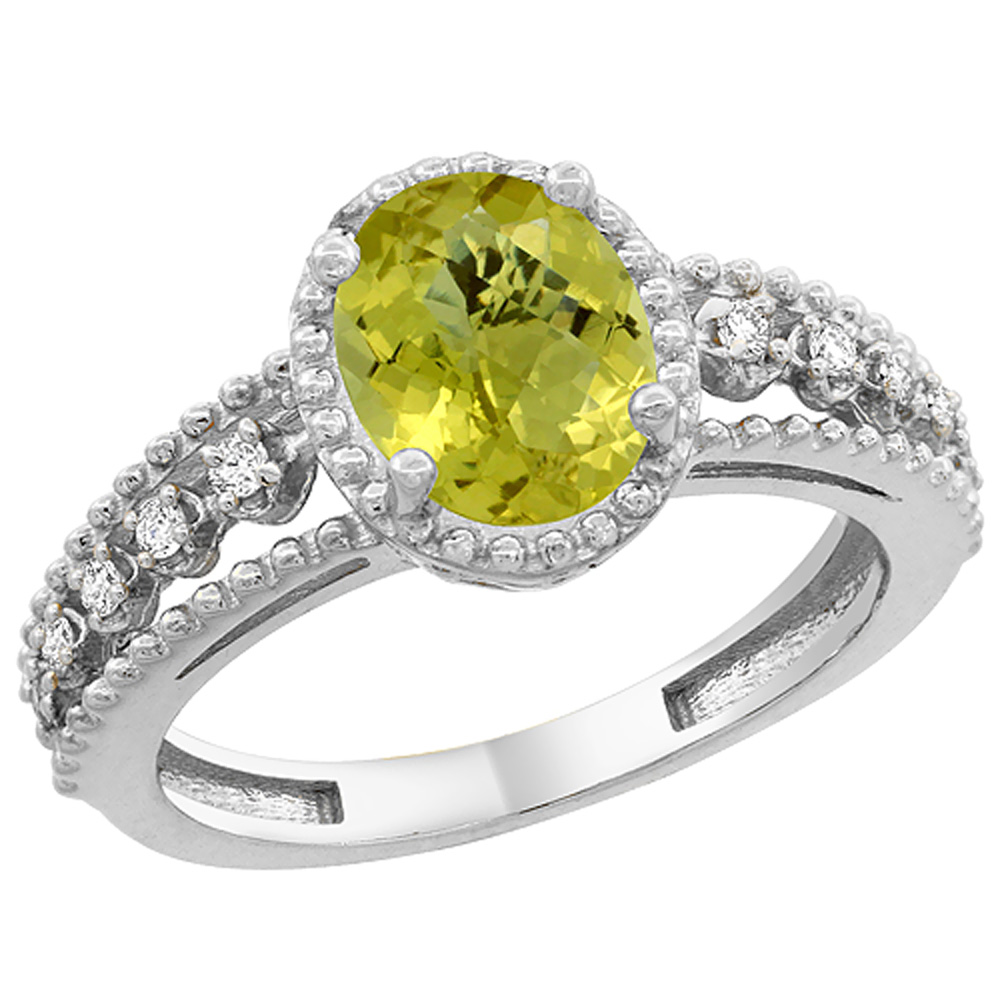 14K White Gold Natural Lemon Quartz Ring Oval 9x7 mm Floating Diamond Accents, sizes 5 - 10