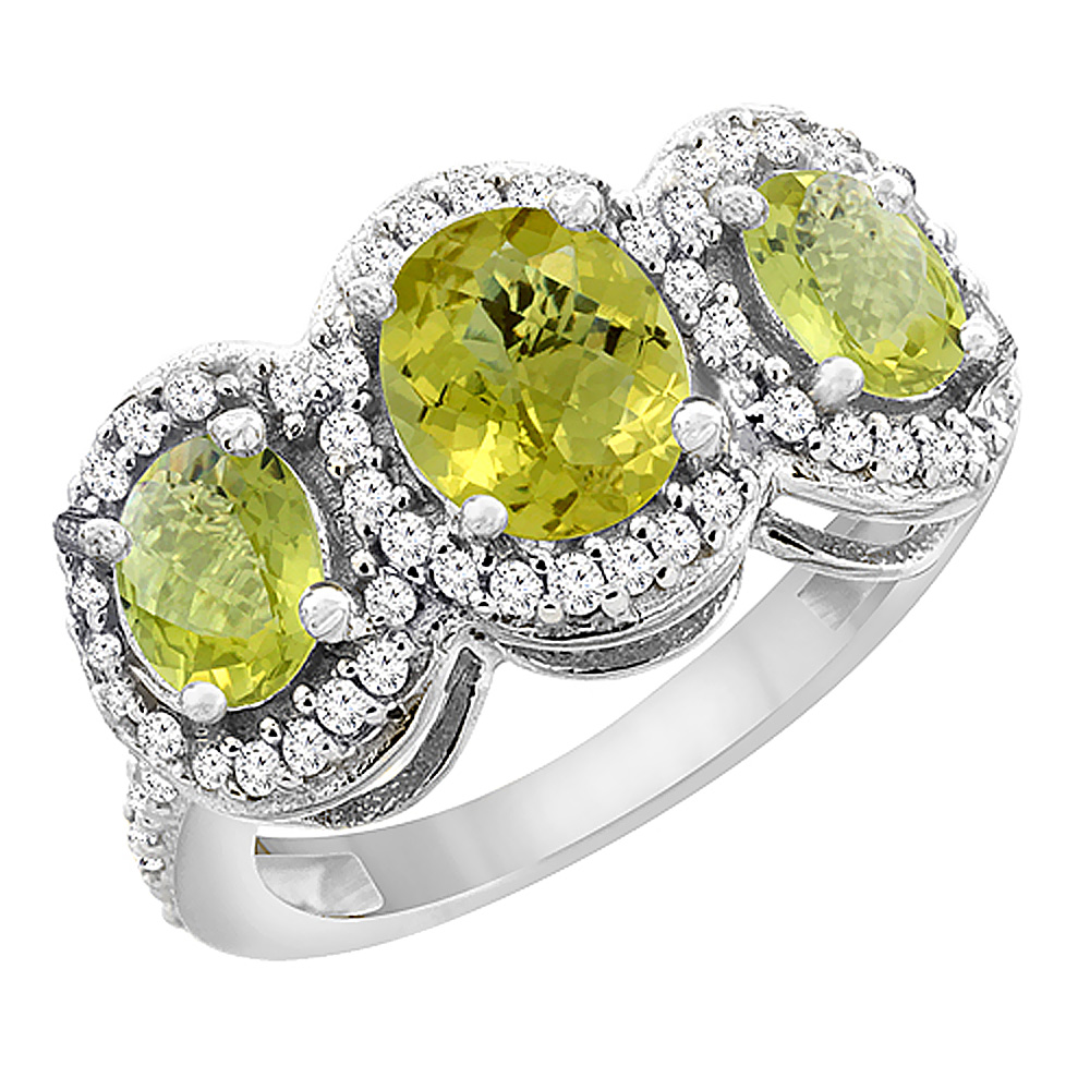 14K White Gold Natural Lemon Quartz 3-Stone Ring Oval Diamond Accent, sizes 5 - 10