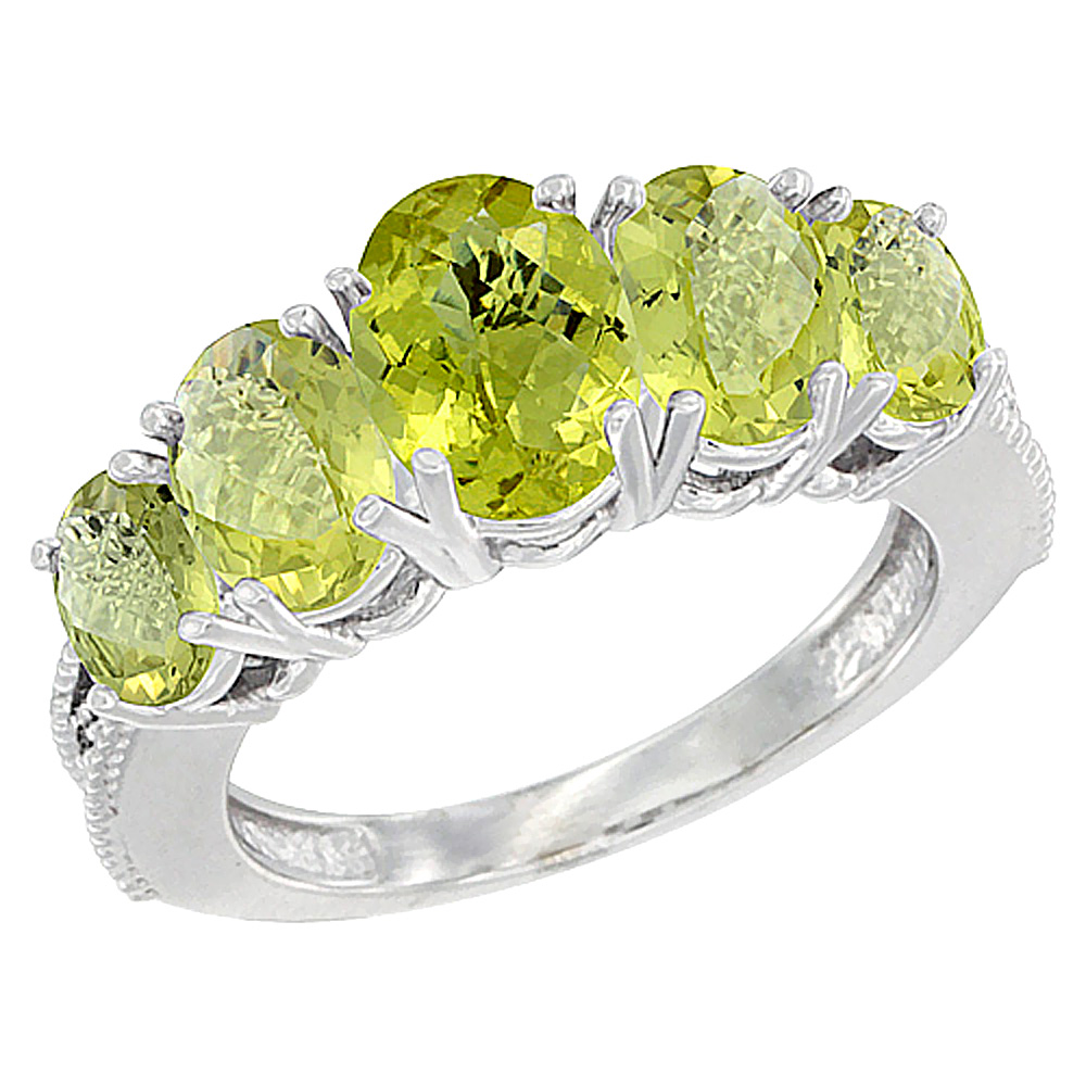 14K White Gold Diamond Natural Lemon Quartz Ring 5-stone Oval 8x6 Ctr,7x5,6x4 sides, sizes 5 - 10