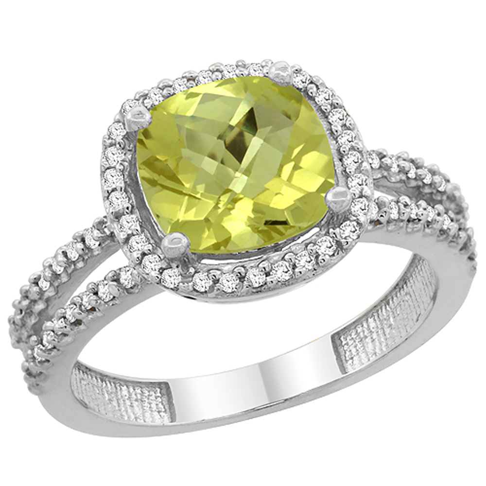 14K White Gold Natural Lemon Quartz Ring Cushion-cut 8x8 mm 2-row Diamond Accents, sizes 5 - 10