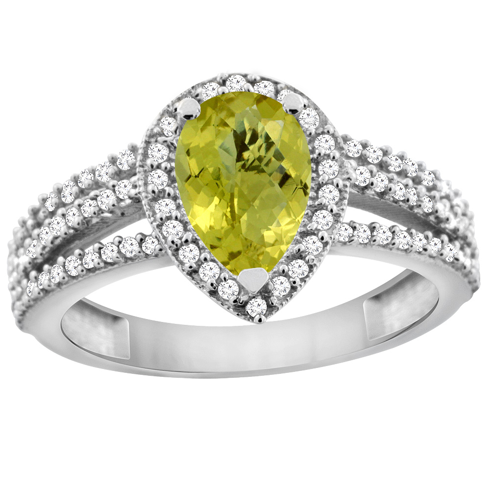 14K White Gold Natural Lemon Quartz Ring 9x7 Pear Halo Diamond, sizes 5 - 10