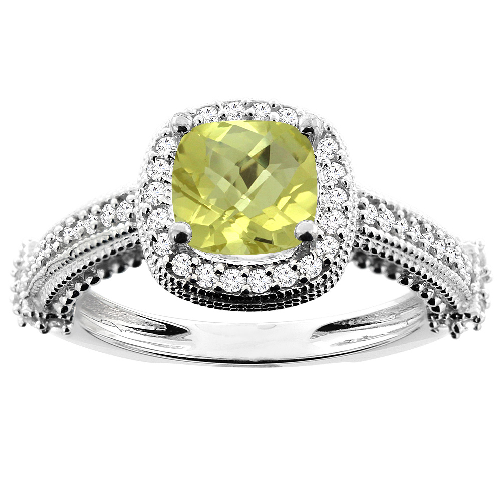 10K White/Yellow/Rose Gold Natural Lemon Quartz Ring Cushion 7x7mm Diamond Accent, sizes 5 - 10