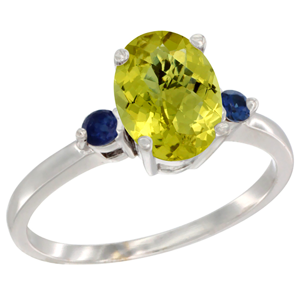 14K White Gold Natural Lemon Quartz Ring Oval 9x7 mm Blue Sapphire Accent, sizes 5 to 10