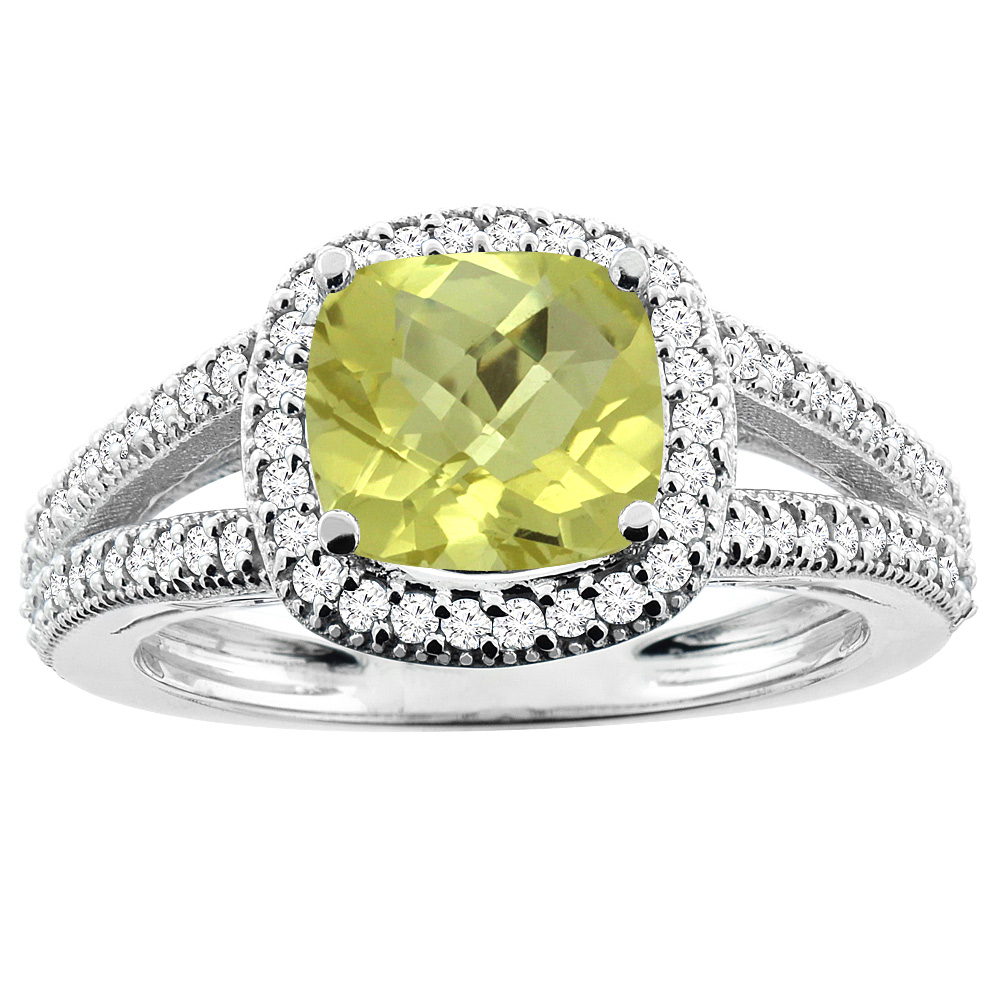 14K White Gold Natural Lemon Quartz Ring Cushion 7x7mm Diamond Accent 3/8 inch wide, sizes 5 - 10