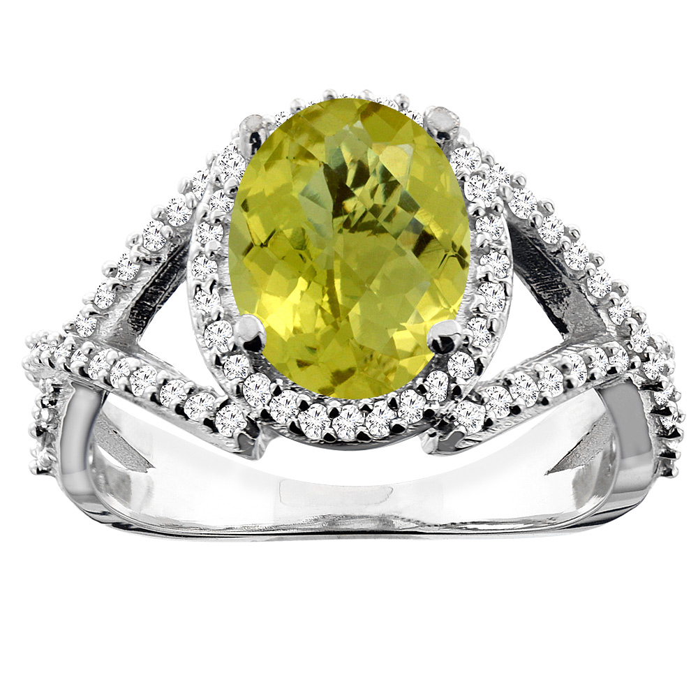 10K White/Yellow/Rose Gold Natural Lemon Quartz Ring Oval 10x8mm Diamond Accent, sizes 5 - 10