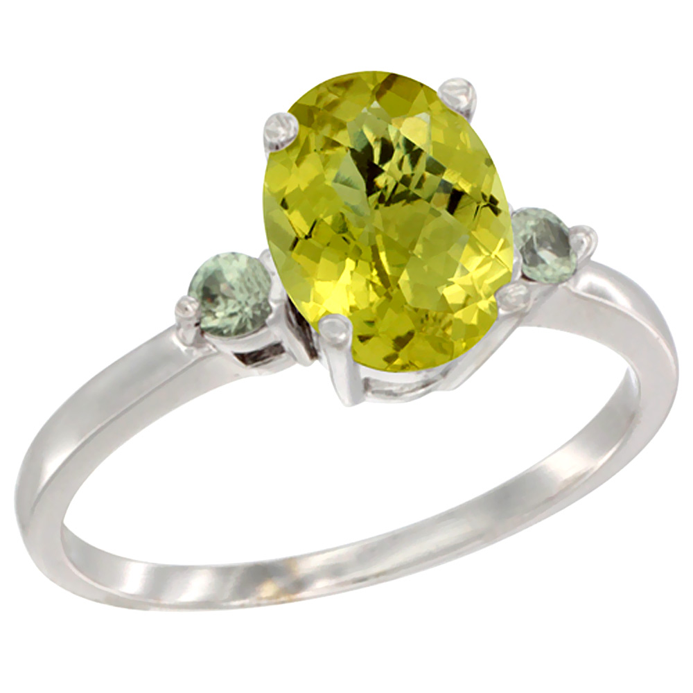 14K White Gold Natural Lemon Quartz Ring Oval 9x7 mm Green Sapphire Accent, sizes 5 to 10