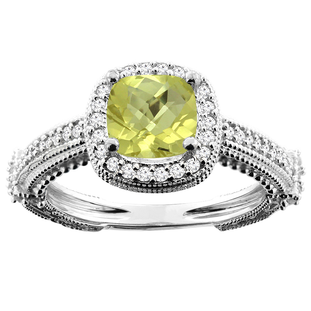 14K White/Yellow/Rose Gold Natural Lemon Quartz Ring Cushion 7x7mm Diamond Accent, sizes 5 - 10