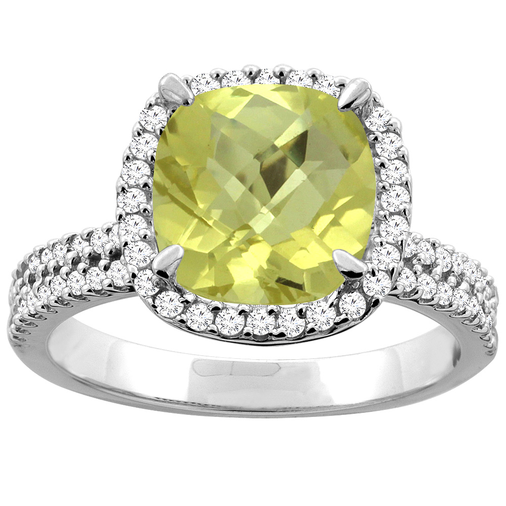 10K Yellow Gold Natural Lemon Quartz Halo Ring Cushion 9x9mm Diamond Accent, sizes 5 - 10