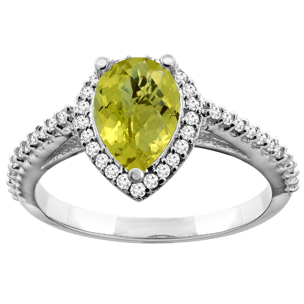 14K White Gold Natural Lemon Quartz Ring Pear 9x7mm Diamond Accents, sizes 5 - 10