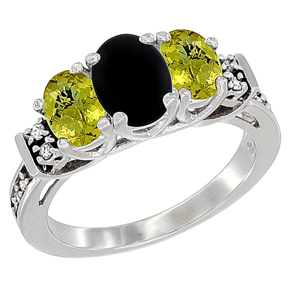 14K White Gold Natural Coral &amp; Lemon Quartz Ring 3-Stone Oval Diamond Accent, sizes 5-10