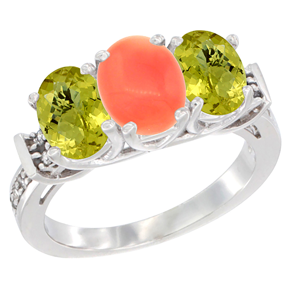 14K White Gold Natural Coral &amp; Lemon Quartz Sides Ring 3-Stone Oval Diamond Accent, sizes 5 - 10