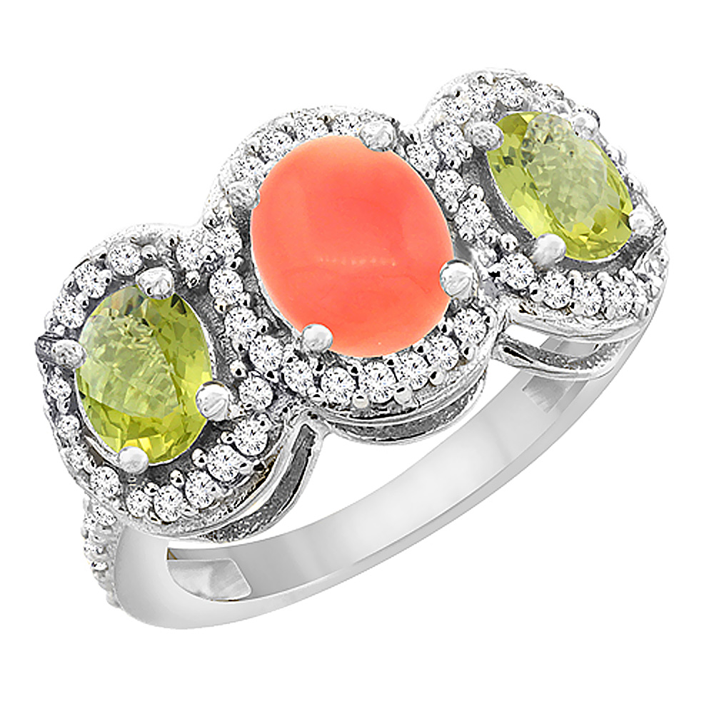 14K White Gold Natural Coral & Lemon Quartz 3-Stone Ring Oval Diamond Accent, sizes 5 - 10