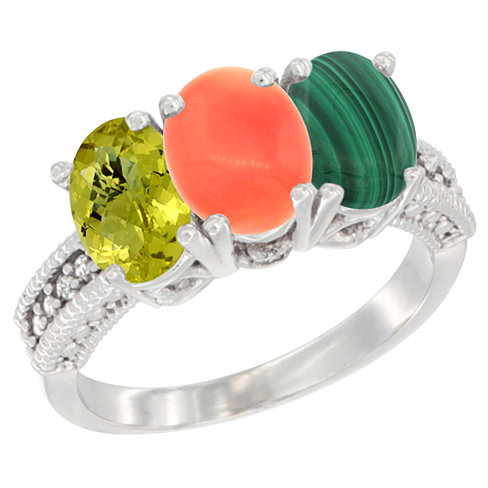 10K White Gold Diamond Natural Lemon Quartz, Coral & Malachite Ring 3-Stone 7x5 mm Oval, sizes 5 - 10