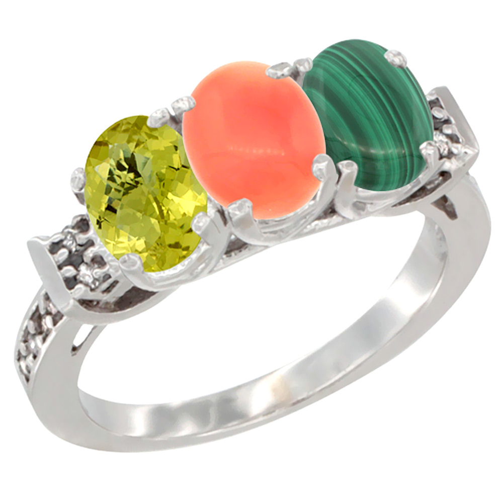 10K White Gold Natural Lemon Quartz, Coral &amp; Malachite Ring 3-Stone Oval 7x5 mm Diamond Accent, sizes 5 - 10