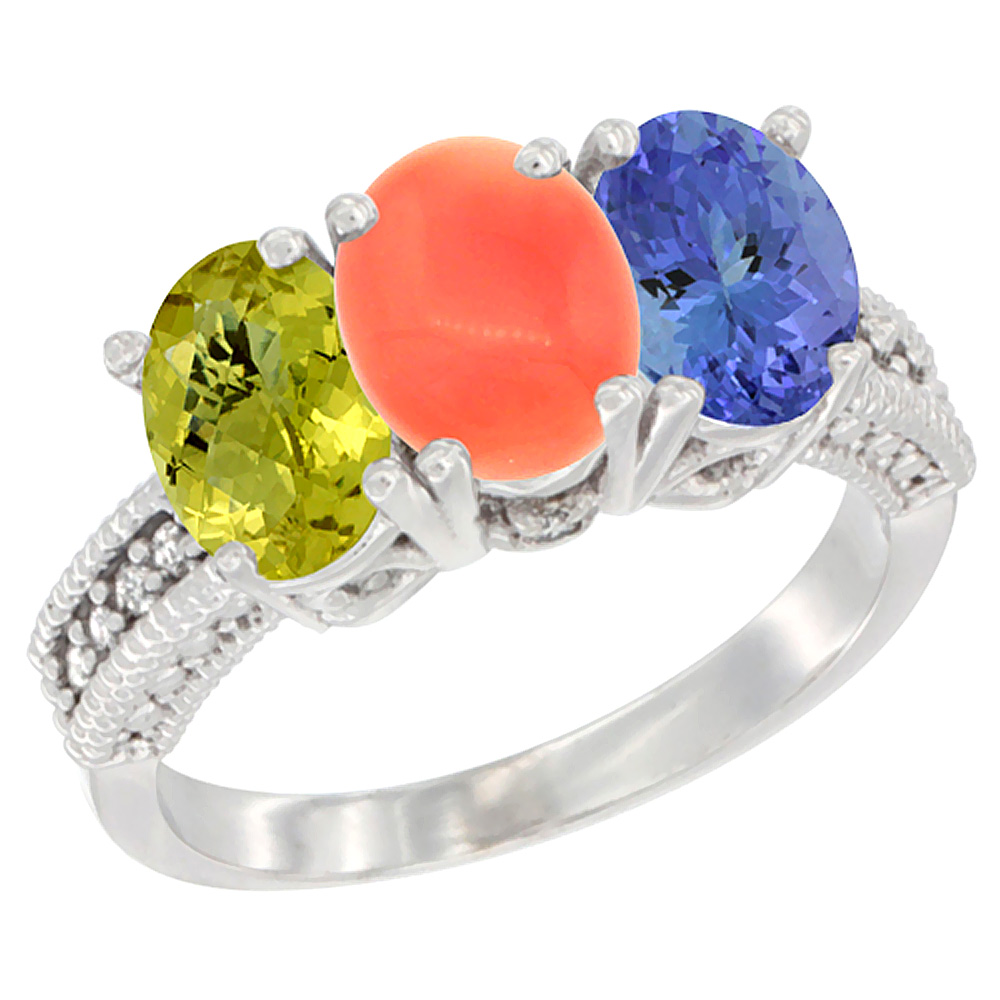 10K White Gold Diamond Natural Lemon Quartz, Coral & Tanzanite Ring 3-Stone 7x5 mm Oval, sizes 5 - 10