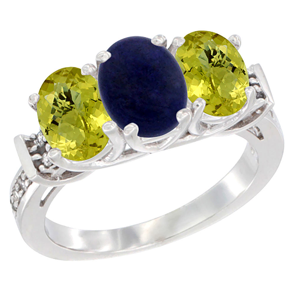 14K White Gold Natural Lapis & Lemon Quartz Sides Ring 3-Stone Oval Diamond Accent, sizes 5 - 10