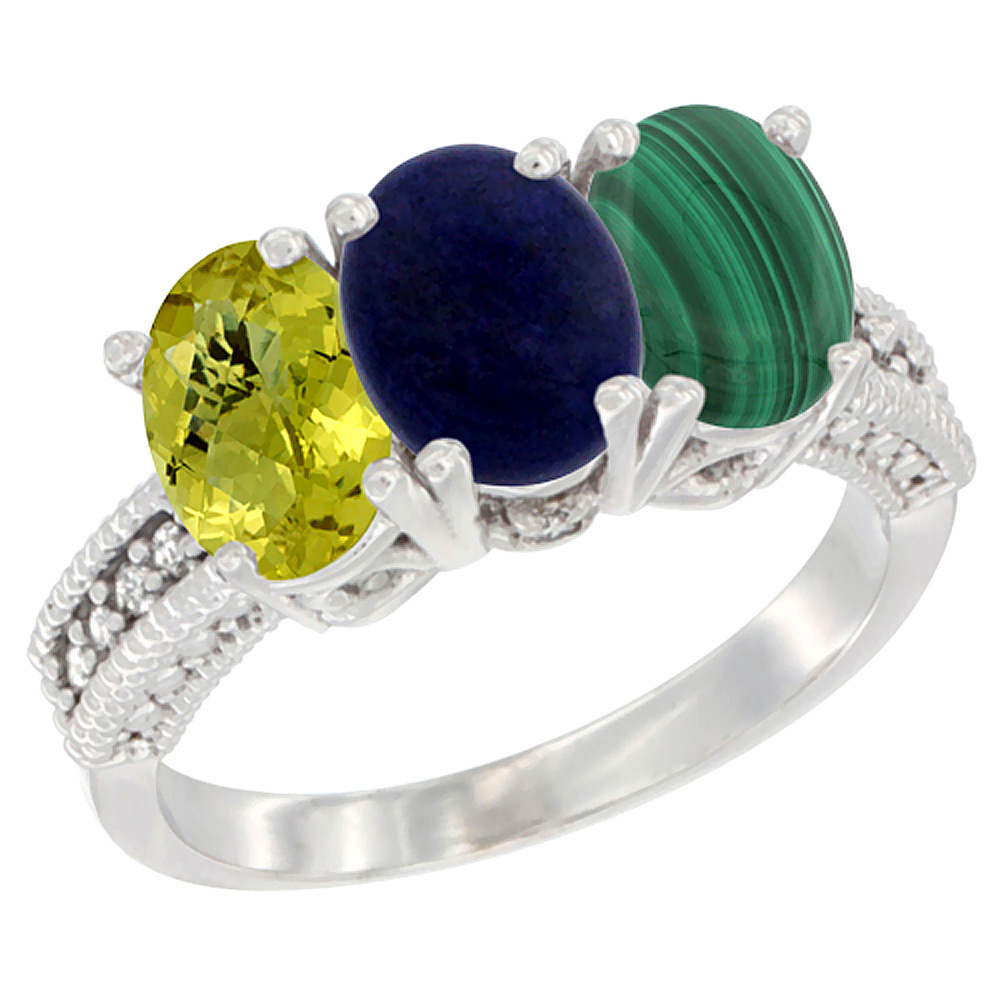 14K White Gold Natural Lemon Quartz, Lapis Ring with Malachite Ring 3-Stone 7x5 mm Oval Diamond Accent, sizes 5 - 10