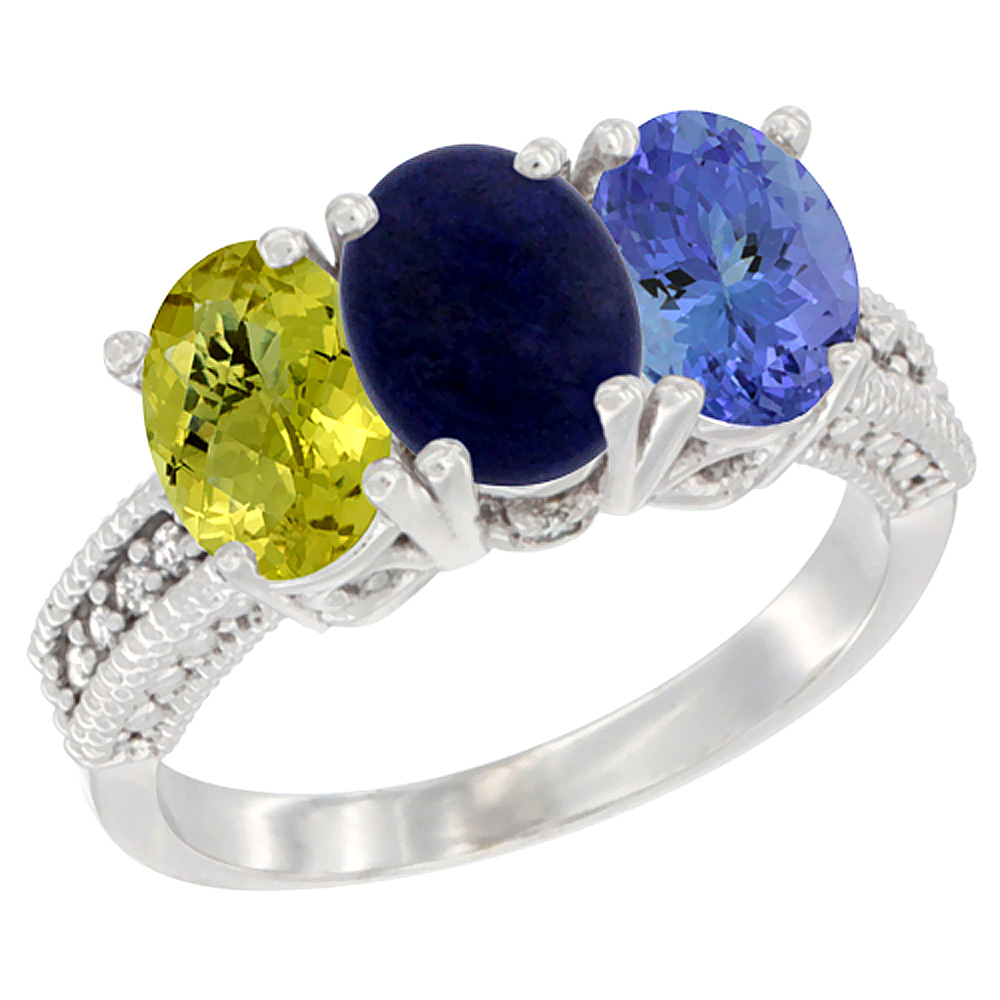 10K White Gold Diamond Natural Lemon Quartz, Lapis &amp; Tanzanite Ring 3-Stone 7x5 mm Oval, sizes 5 - 10