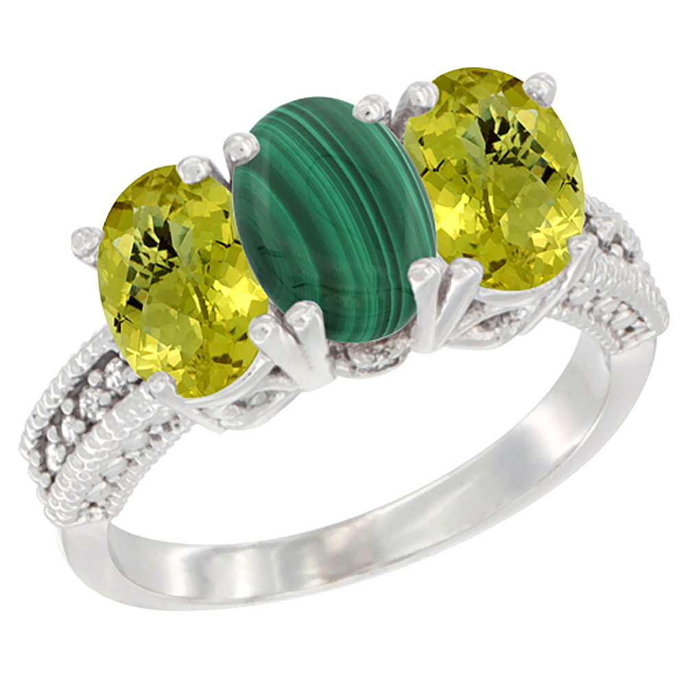 10K White Gold Diamond Natural Malachite &amp; Lemon Quartz Ring 3-Stone 7x5 mm Oval, sizes 5 - 10