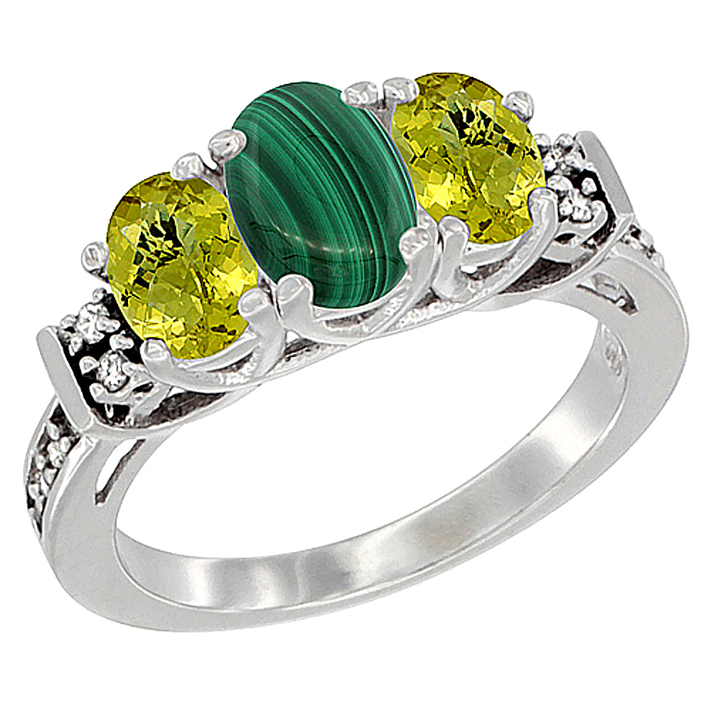 10K White Gold Natural Malachite &amp; Lemon Quartz Ring 3-Stone Oval Diamond Accent, sizes 5-10