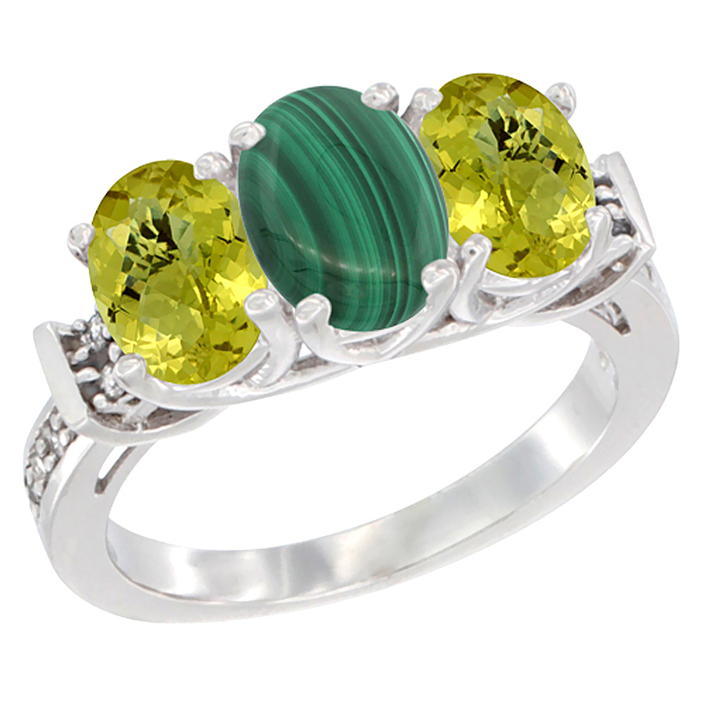 14K White Gold Natural Malachite & Lemon Quartz Sides Ring 3-Stone Oval Diamond Accent, sizes 5 - 10