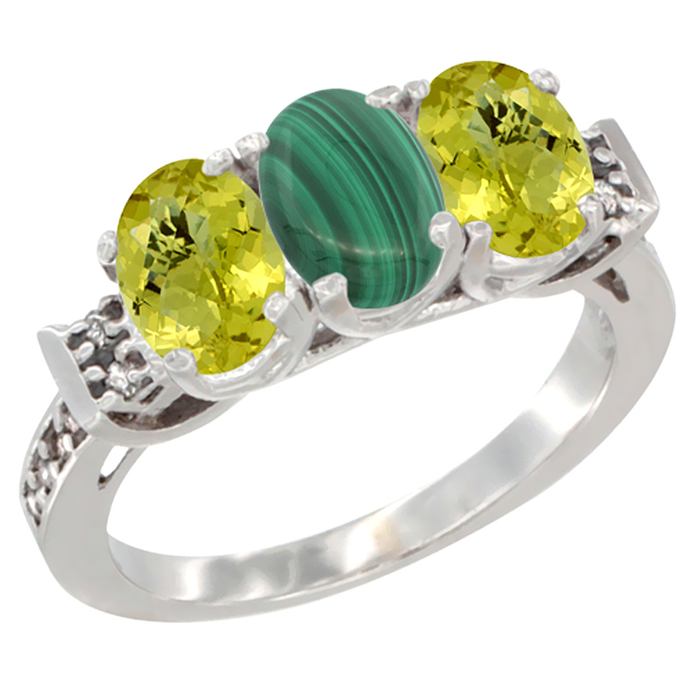 10K White Gold Natural Malachite & Lemon Quartz Sides Ring 3-Stone Oval 7x5 mm Diamond Accent, sizes 5 - 10