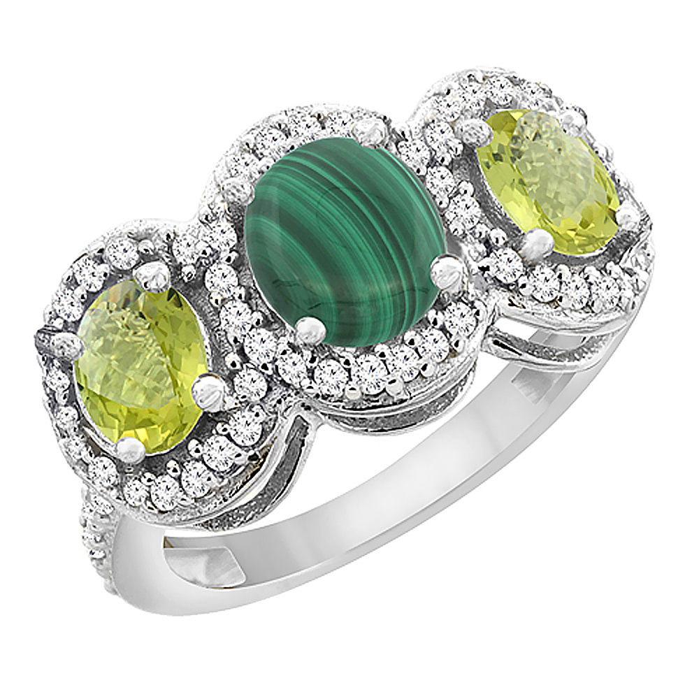 14K White Gold Natural Malachite & Lemon Quartz 3-Stone Ring Oval Diamond Accent, sizes 5 - 10