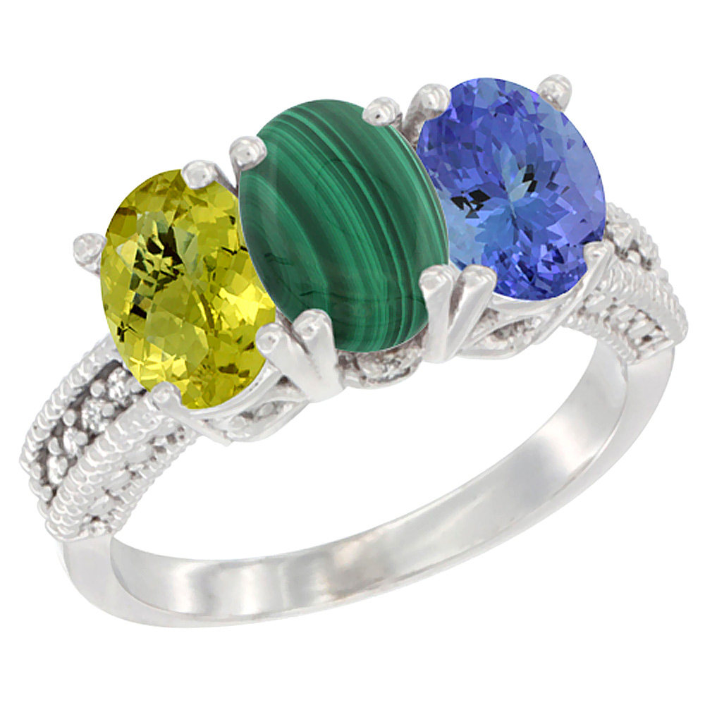 10K White Gold Diamond Natural Lemon Quartz, Malachite & Tanzanite Ring 3-Stone 7x5 mm Oval, sizes 5 - 10