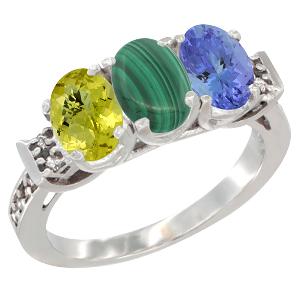 14K White Gold Natural Lemon Quartz, Malachite &amp; Tanzanite Ring 3-Stone 7x5 mm Oval Diamond Accent, sizes 5 - 10