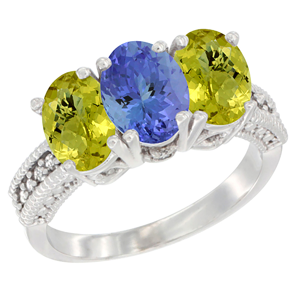 10K White Gold Diamond Natural Tanzanite &amp; Lemon Quartz Ring 3-Stone 7x5 mm Oval, sizes 5 - 10