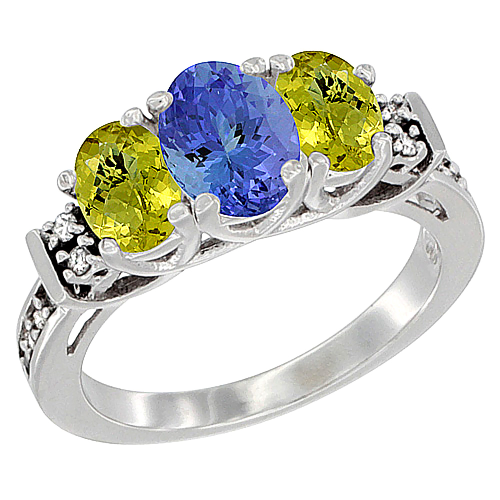 14K White Gold Natural Tanzanite & Lemon Quartz Ring 3-Stone Oval Diamond Accent, sizes 5-10