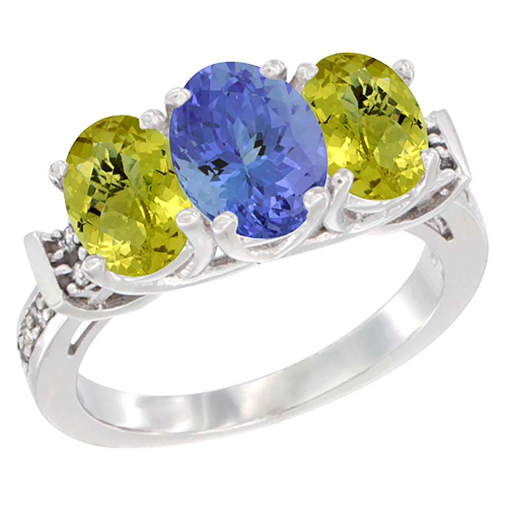 10K White Gold Natural Tanzanite & Lemon Quartz Sides Ring 3-Stone Oval Diamond Accent, sizes 5 - 10