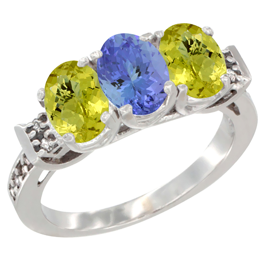 10K White Gold Natural Tanzanite &amp; Lemon Quartz Sides Ring 3-Stone Oval 7x5 mm Diamond Accent, sizes 5 - 10