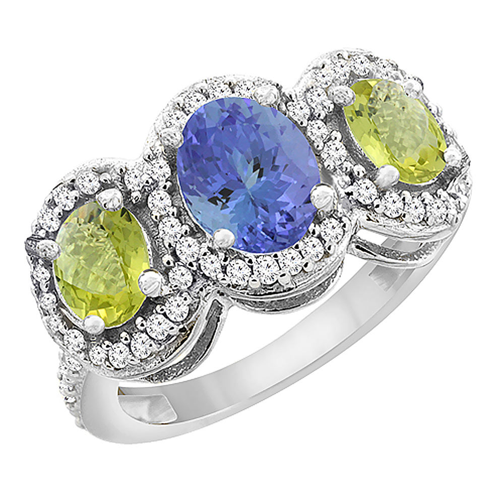 14K White Gold Natural Tanzanite & Lemon Quartz 3-Stone Ring Oval Diamond Accent, sizes 5 - 10