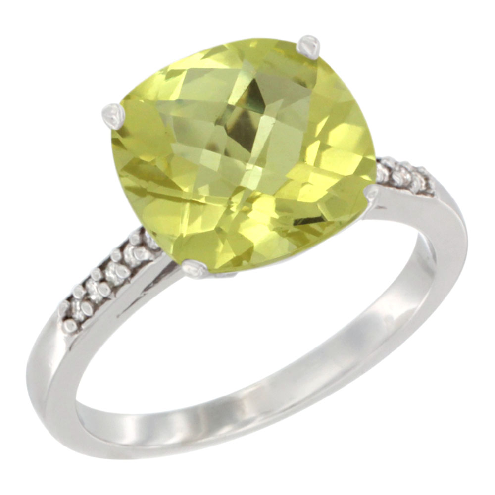 10K White Gold Natural Lemon Quartz Ring Cushion-cut 9 mm Diamond accent, sizes 5 - 10