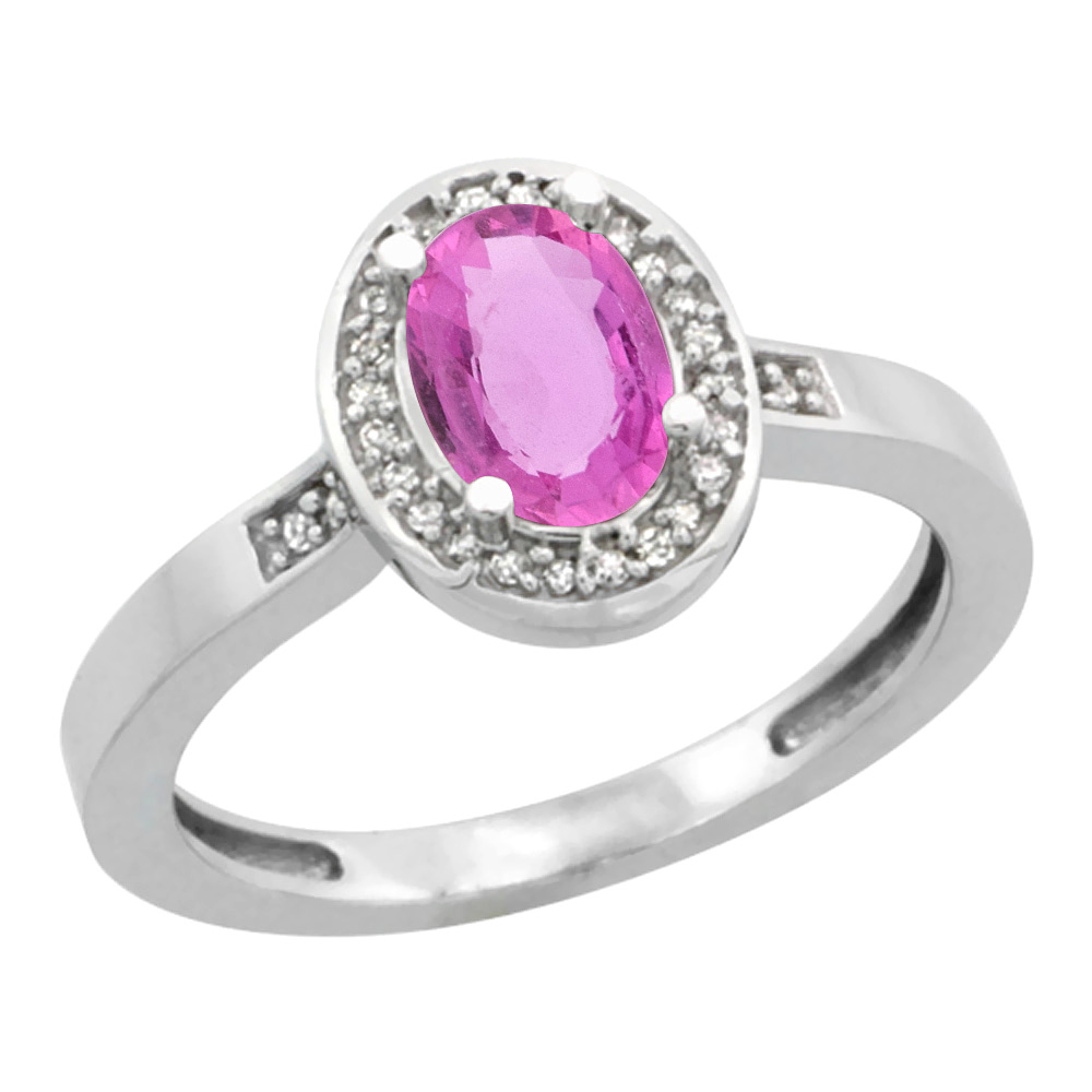 14K White Gold Diamond Natural Pink Sapphire Engagement Ring Oval 7x5mm, sizes 5-10