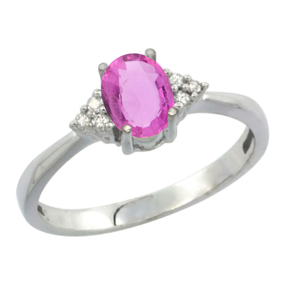 10K White Gold Diamond Natural Pink Sapphire Engagement Ring Oval 7x5mm, sizes 5-10