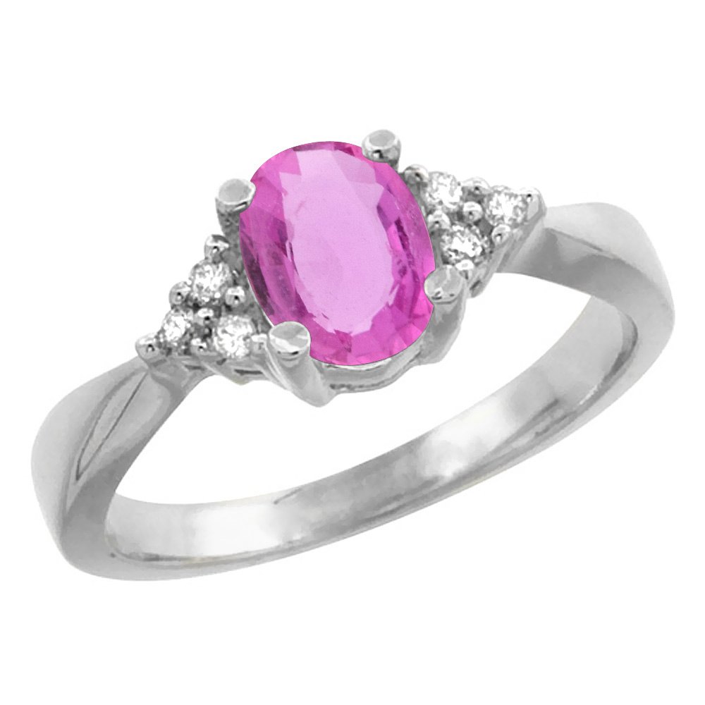 14K White Gold Diamond Natural Pink Sapphire Engagement Ring Oval 7x5mm, sizes 5-10